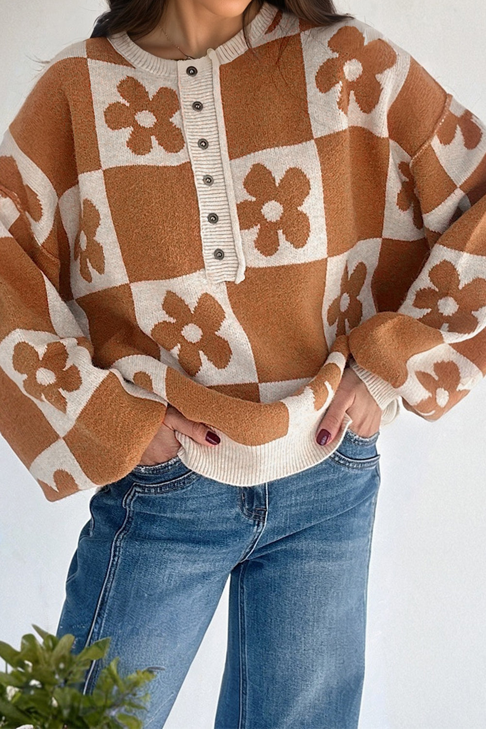 Thai Curry Flower Plaid Henley Baggy Sweater Dear-Lover Dropshipping